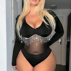 Plus Size Rhinestone & Tassel & Mesh Contrast Bodysuit